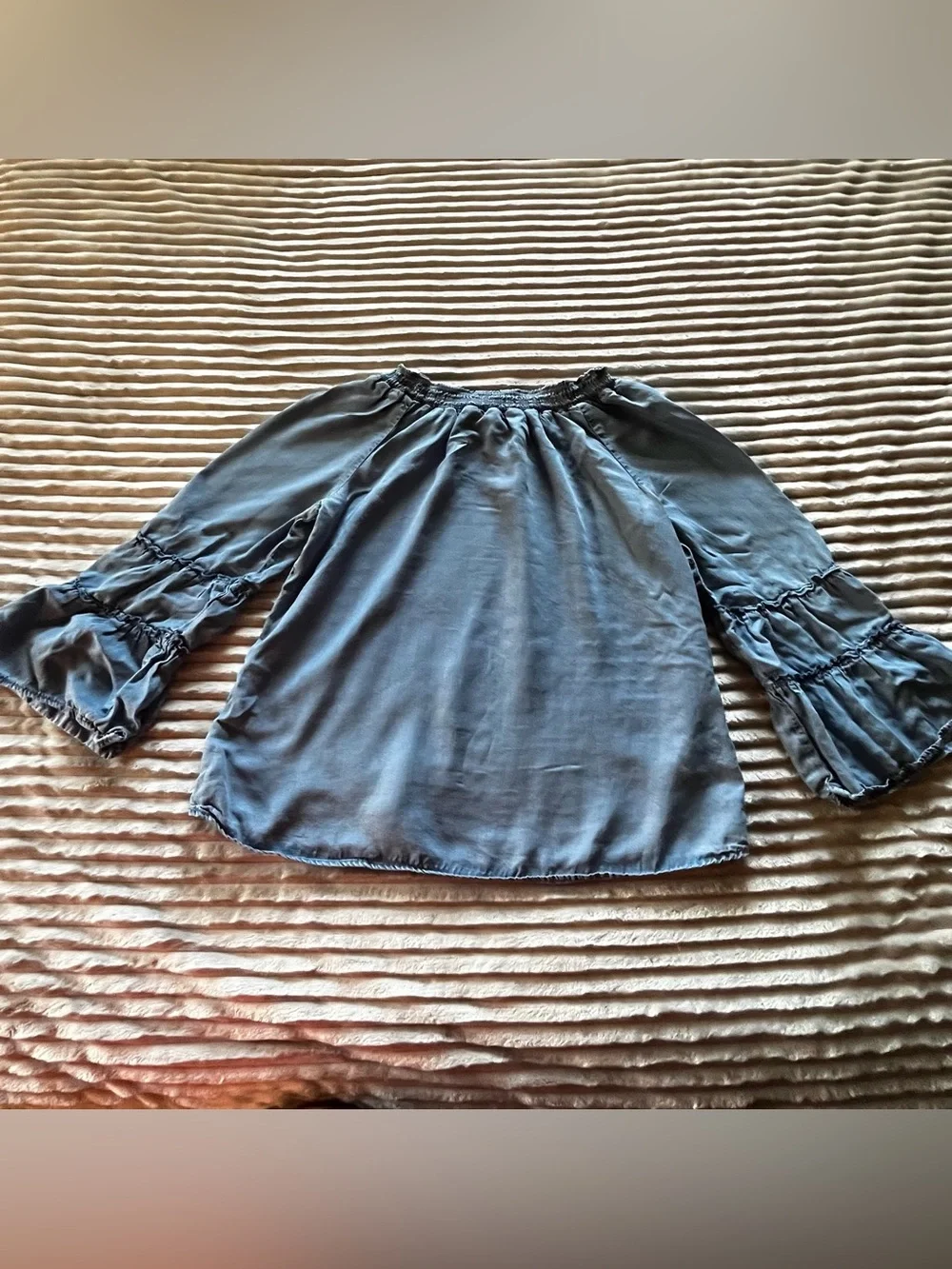 Justice denim blue off-the-shoulder bell sleeve top ♡